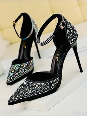 Black Crystal-Embellished Pointed-Toe Ankle-Strap Heels